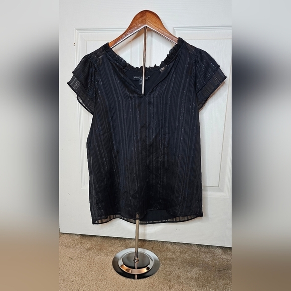 Banana Republic Tops - Banana Republic Black Sheer Metallic Stripe Ruffle Sleeve Blouse - Size Medium